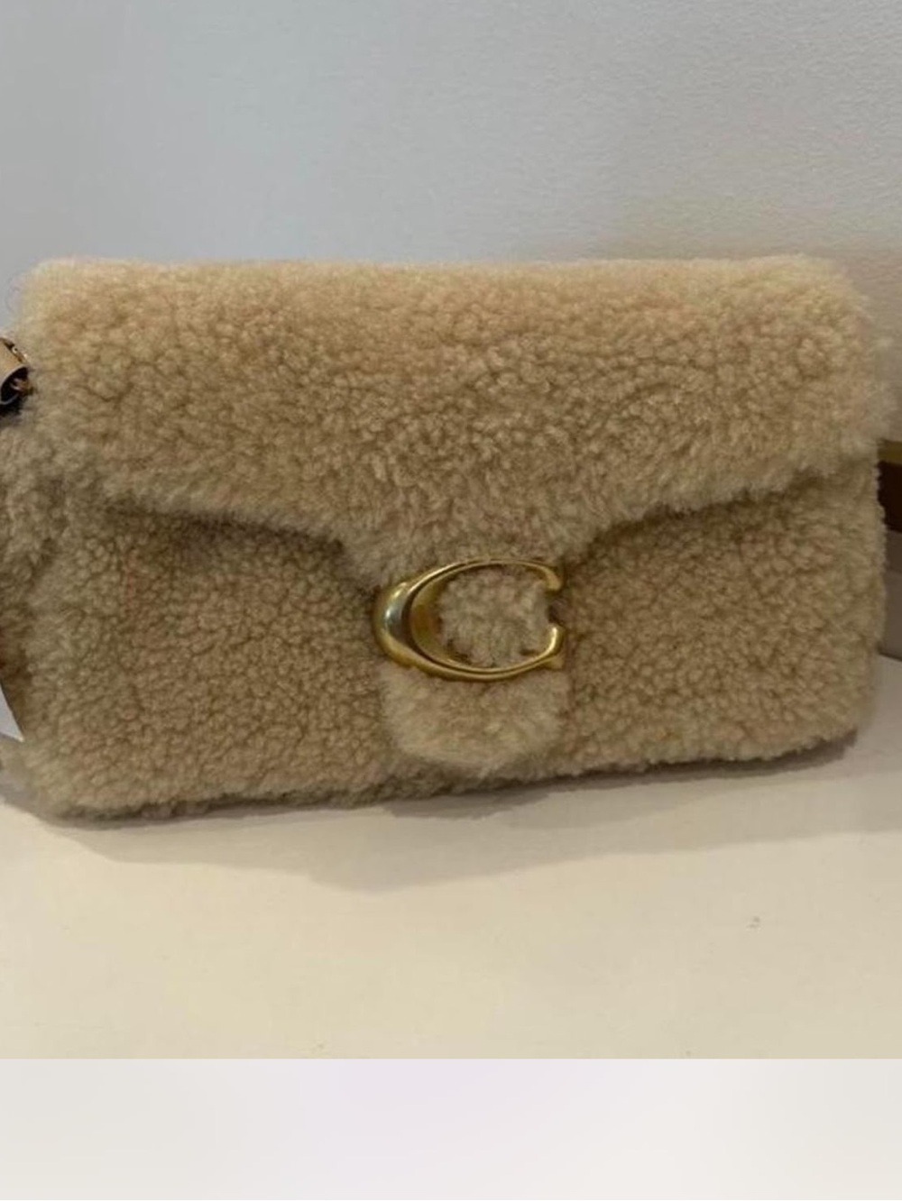Coach Shearling Flap Crossbody Bag in Beige with Gold Hardware